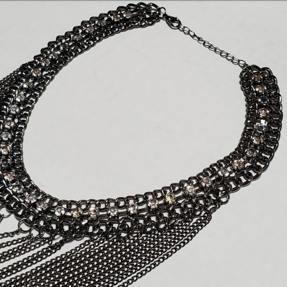 Necklace: Edgy Looking Multi Strand Chain with Crystals Gunmetal Color - Picture 6 of 8